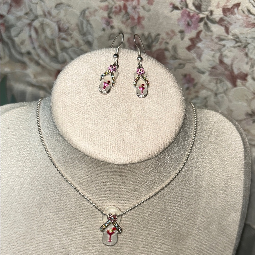 Flip Flop Pendant Silver and Pink Jewelry Set